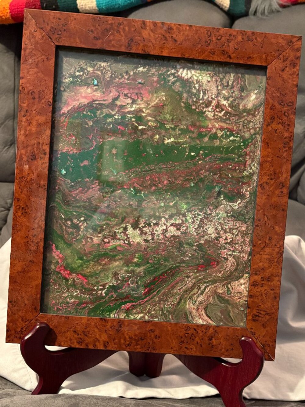 NEW Abstract Acrylic glitter pour art painting 8x10 canvas w/brown acrylic frame